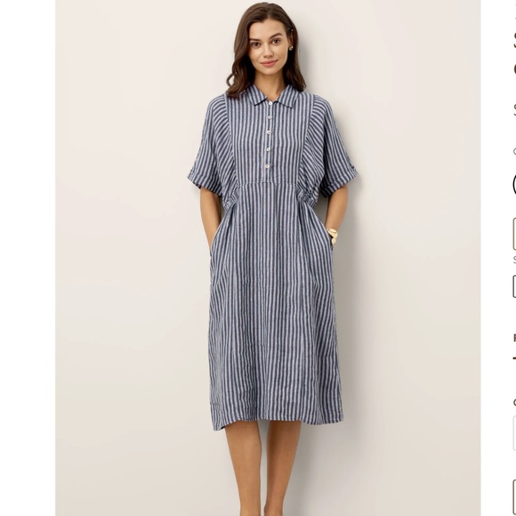 100% Linen Striped Buttoned Front Short Sleeve Midi Shirt Dress CASSANDRA - Picture 8 of 8